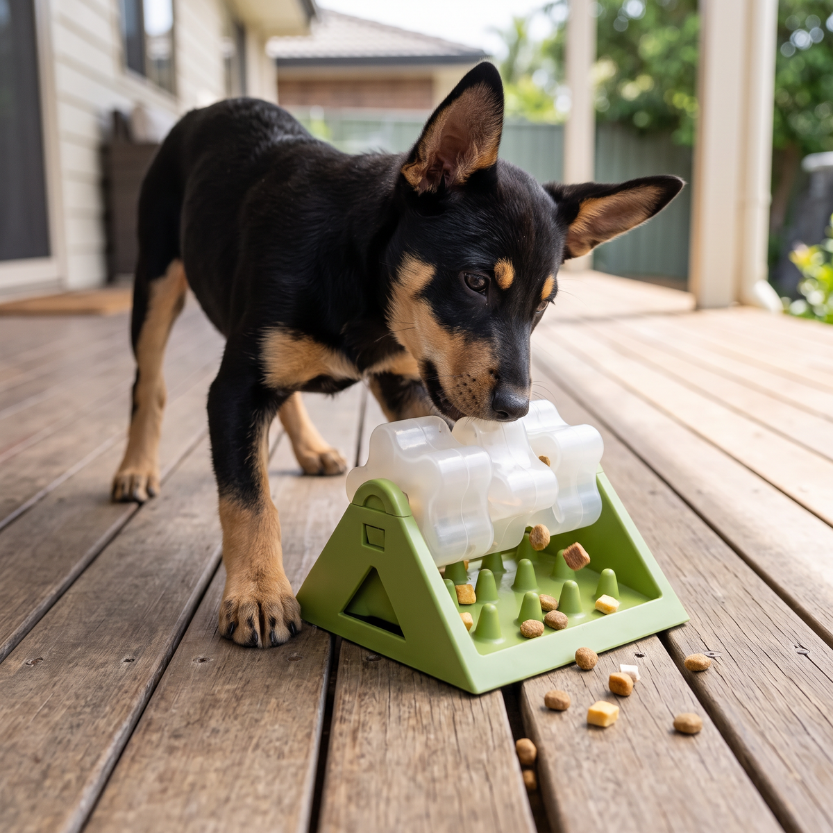 Wobble Dog Treat Dispenser Toy with a kelpie pup on a deck
