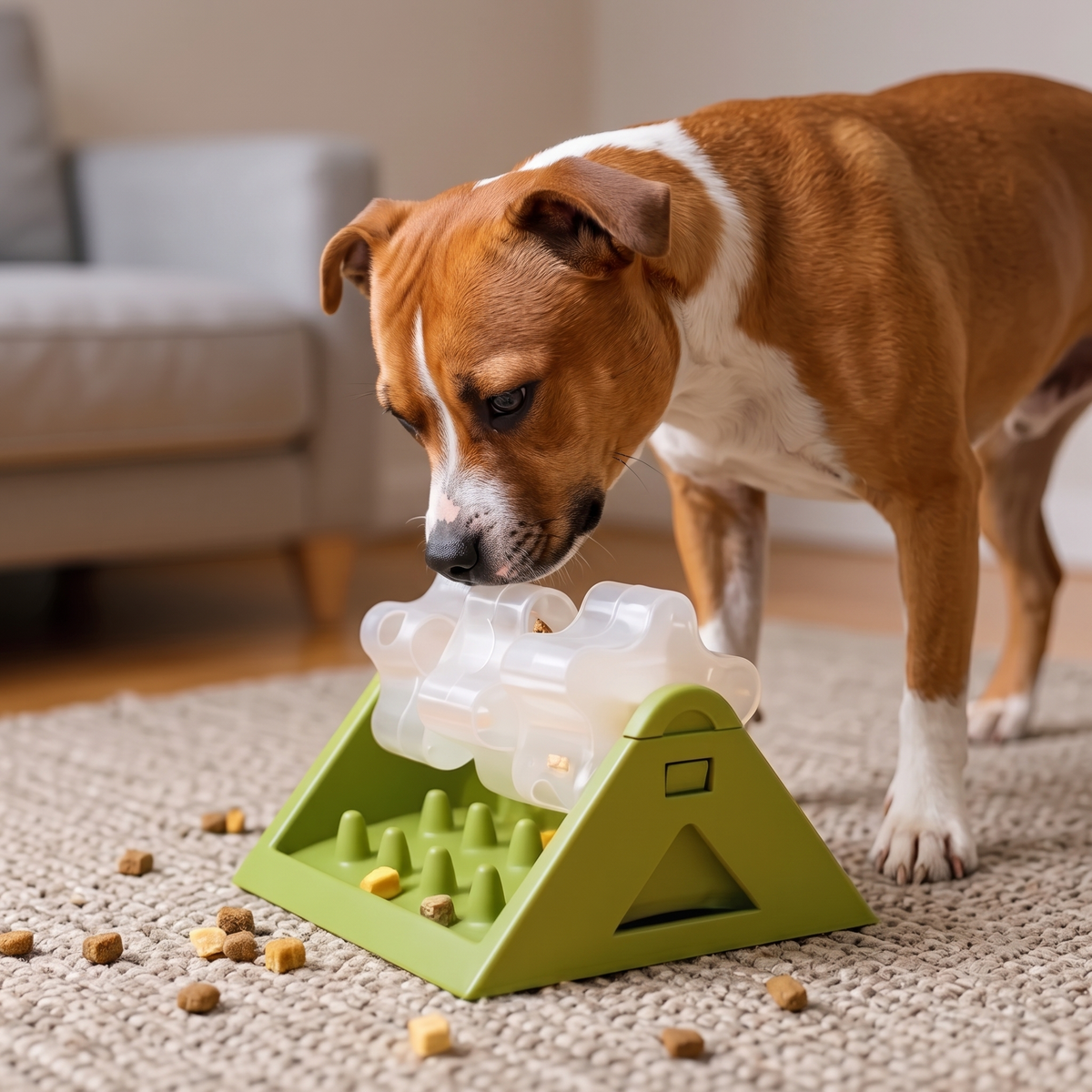 Wobble Dog Treat Dispenser Toy with a staffy on a rug