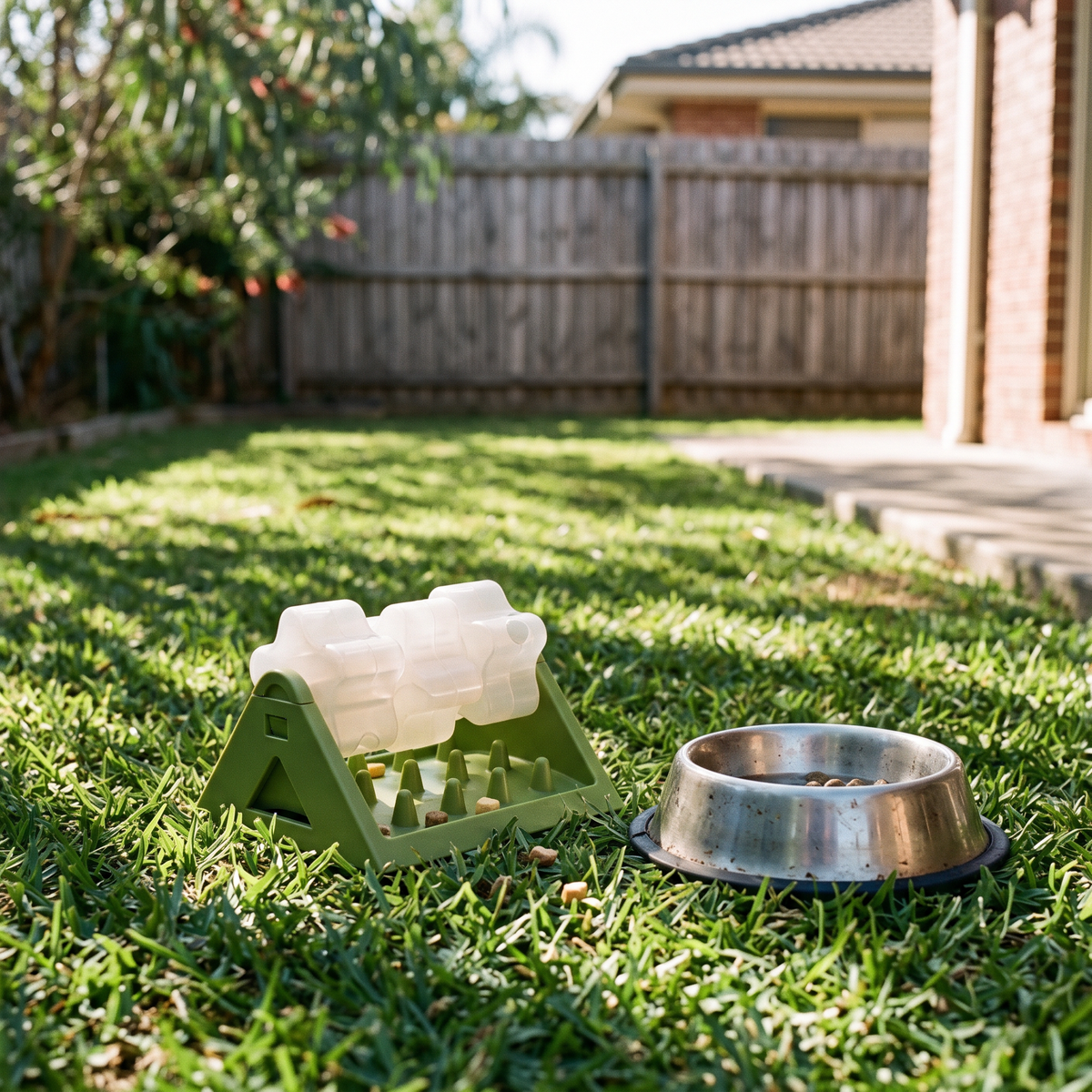 Wobble Dog Treat Dispenser Toy in a sunny backyard