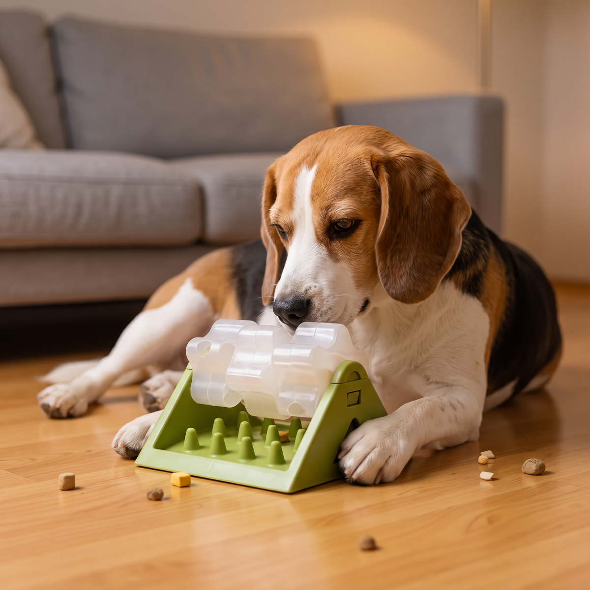 Wobble Dog Treat Dispenser Toy with a beagle in the evening