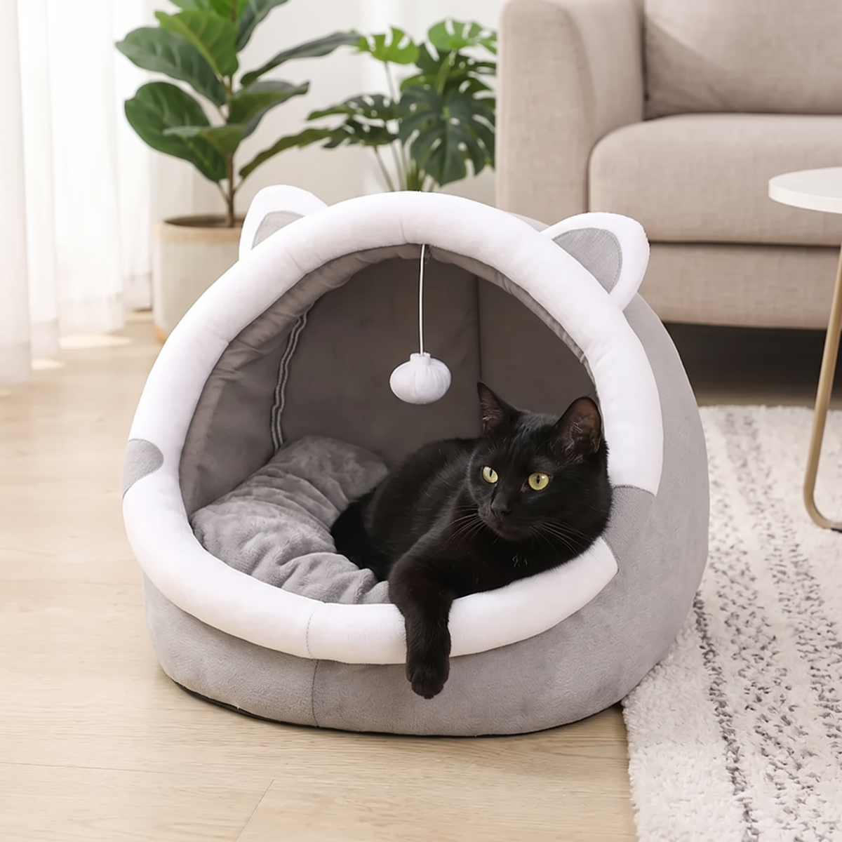 Cocoon Self-Warming Cat Tent Bed with a black cat at the entrance