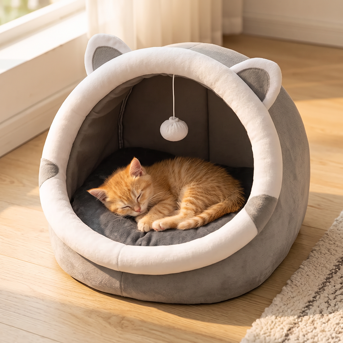 Cocoon Self-Warming Cat Tent Bed with a ginger kitten asleep