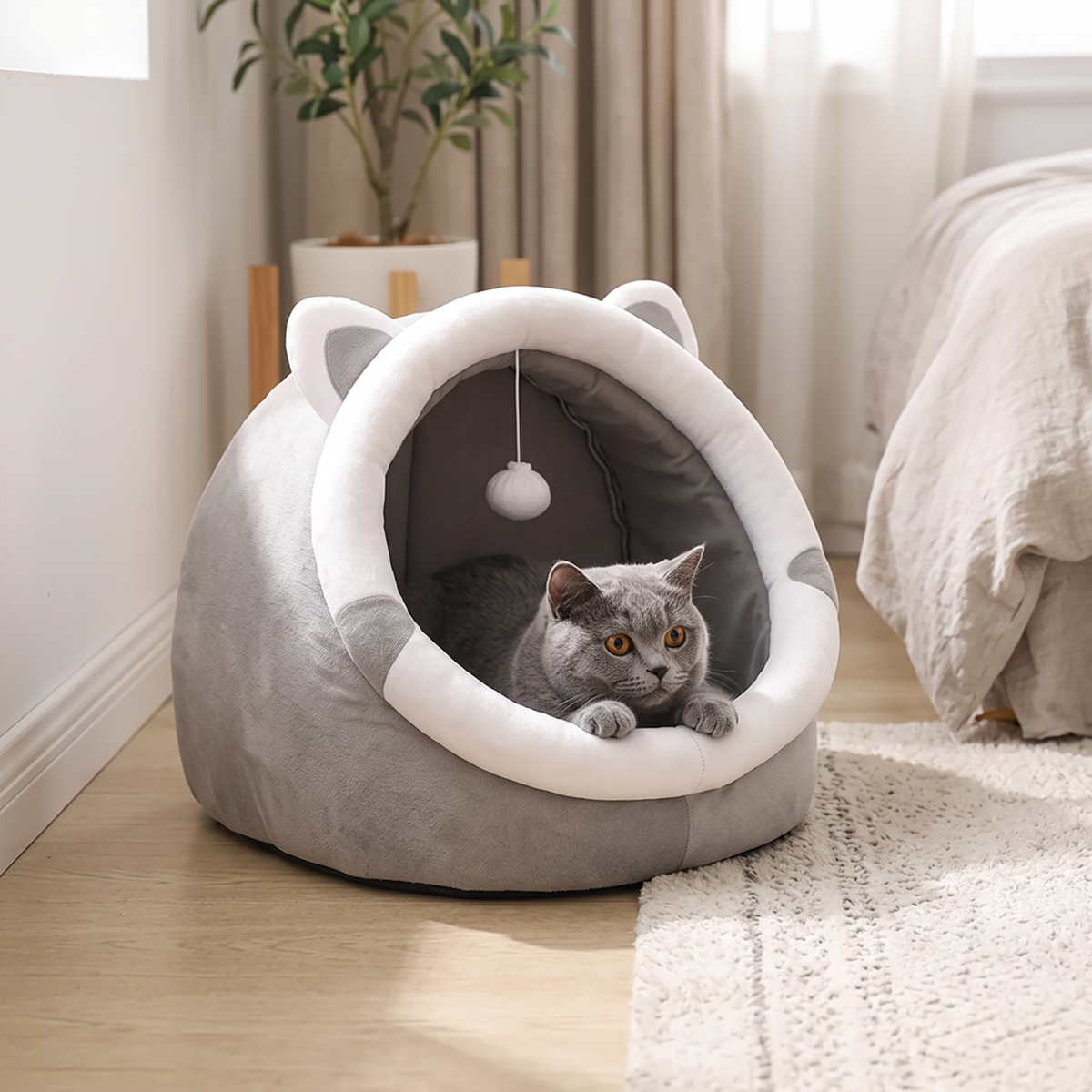 Cocoon Self-Warming Cat Tent Bed with a grey cat peeking out