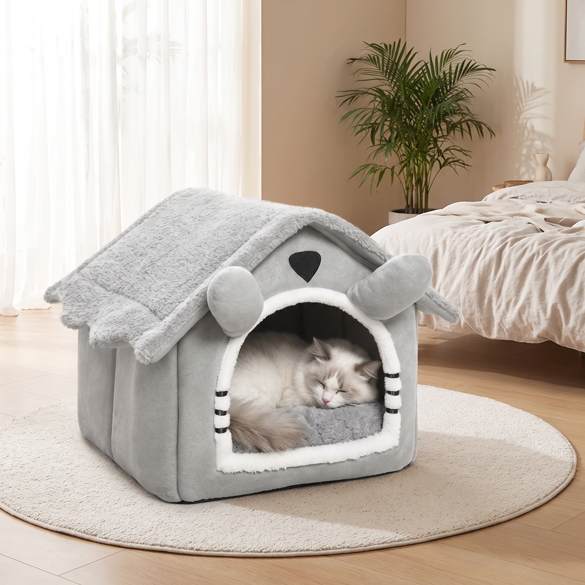 Nook Semi-Enclosed Cat House Bed with a ragdoll cat