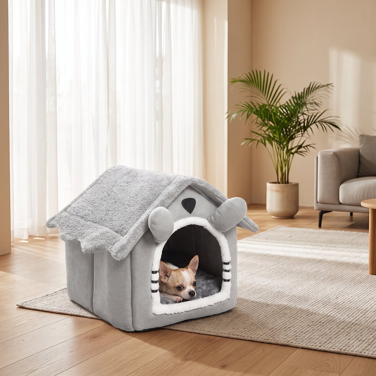 Nook Semi-Enclosed Cat House Bed with a chihuahua