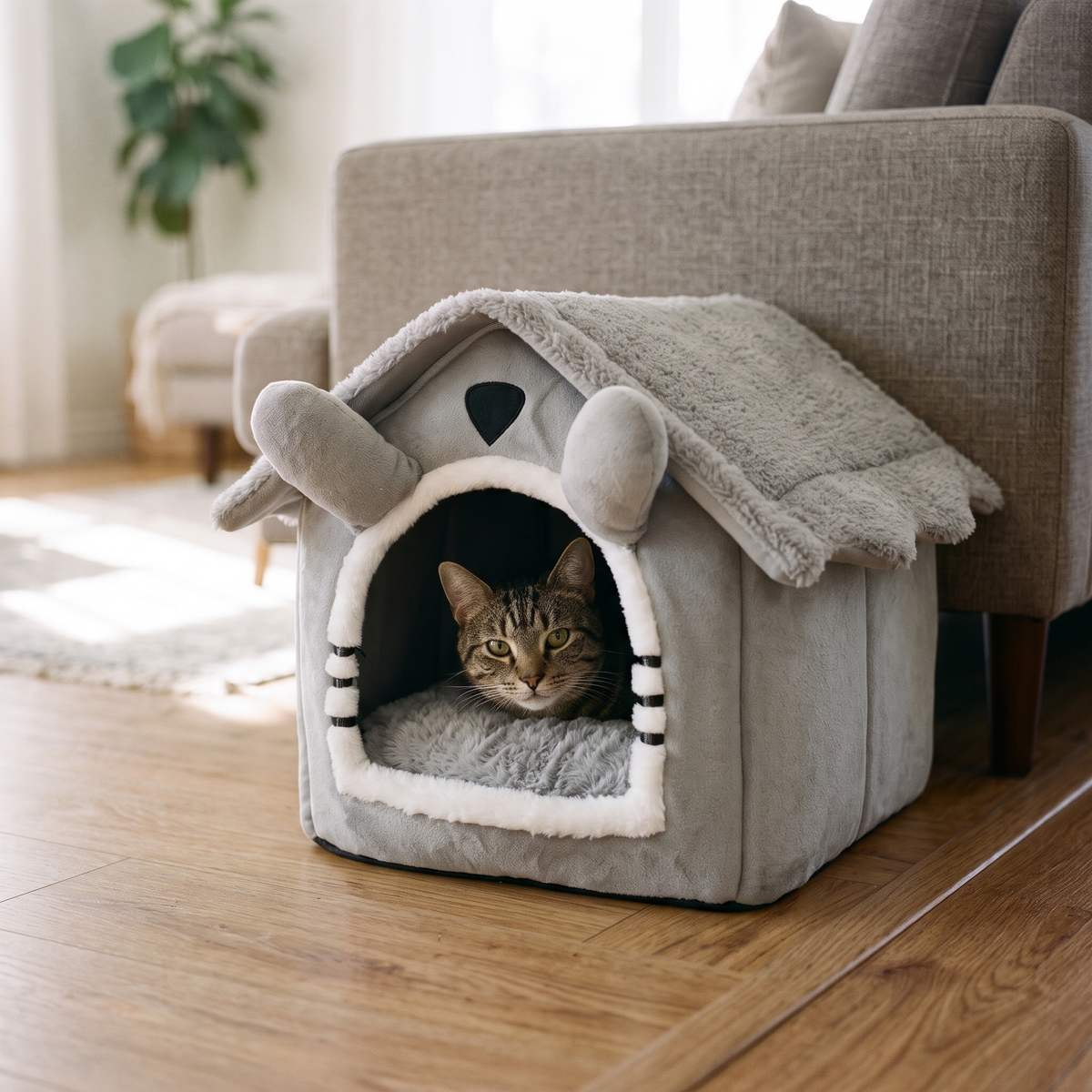 Nook Semi-Enclosed Cat House Bed with a tabby looking out