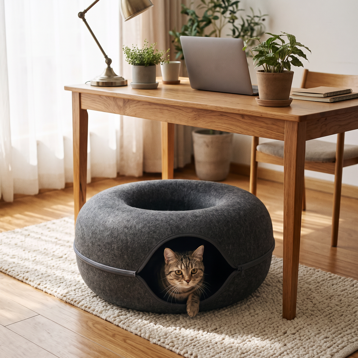 Hideaway Felt Cat Cave Bed with a tabby peeking out