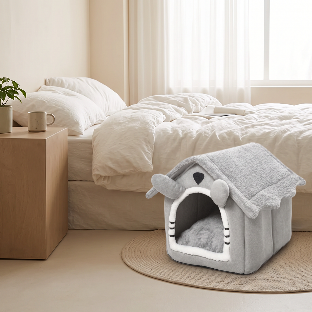 Nook Semi-Enclosed Cat House Bed beside a bed