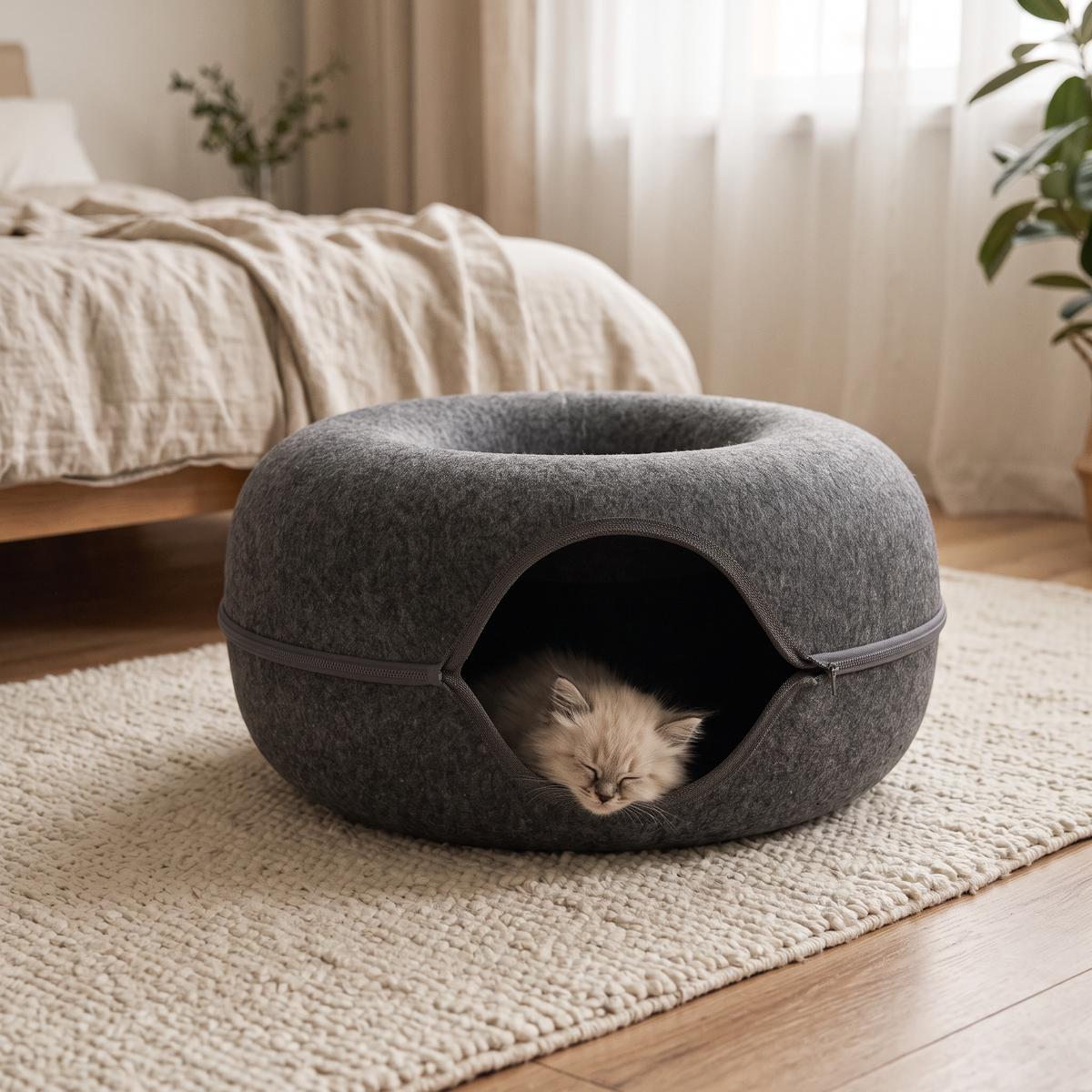 Hideaway Felt Cat Cave Bed with a kitten asleep