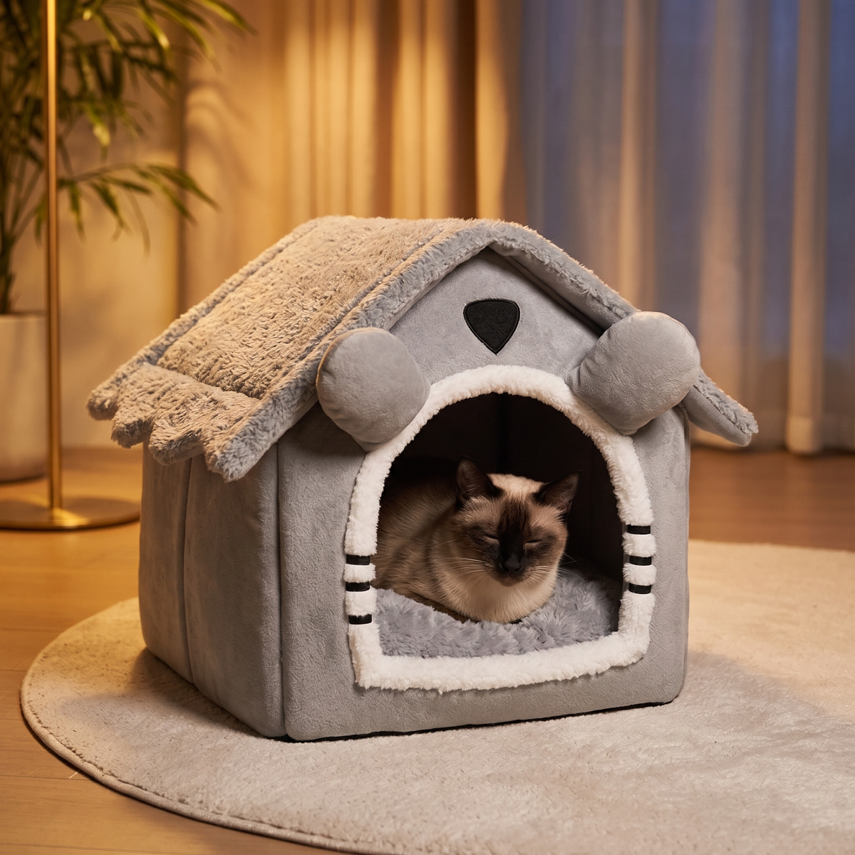 Nook Semi-Enclosed Cat House Bed with a siamese in the evening