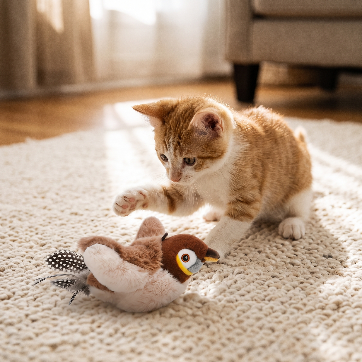 Flutter Interactive Bird Cat Toy with a kitten batting it