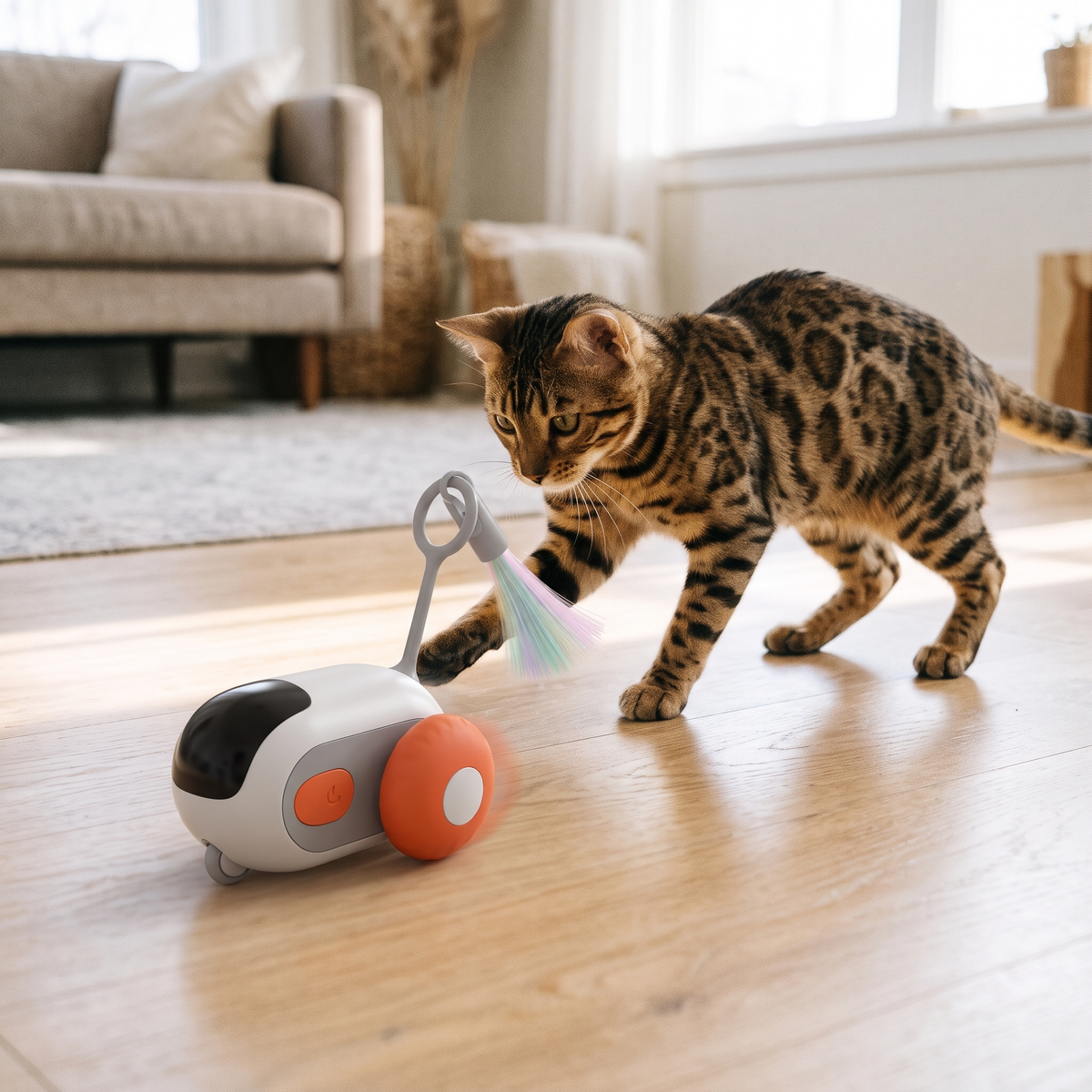 Zoom Self-Rolling Cat Toy Car with a bengal chasing it