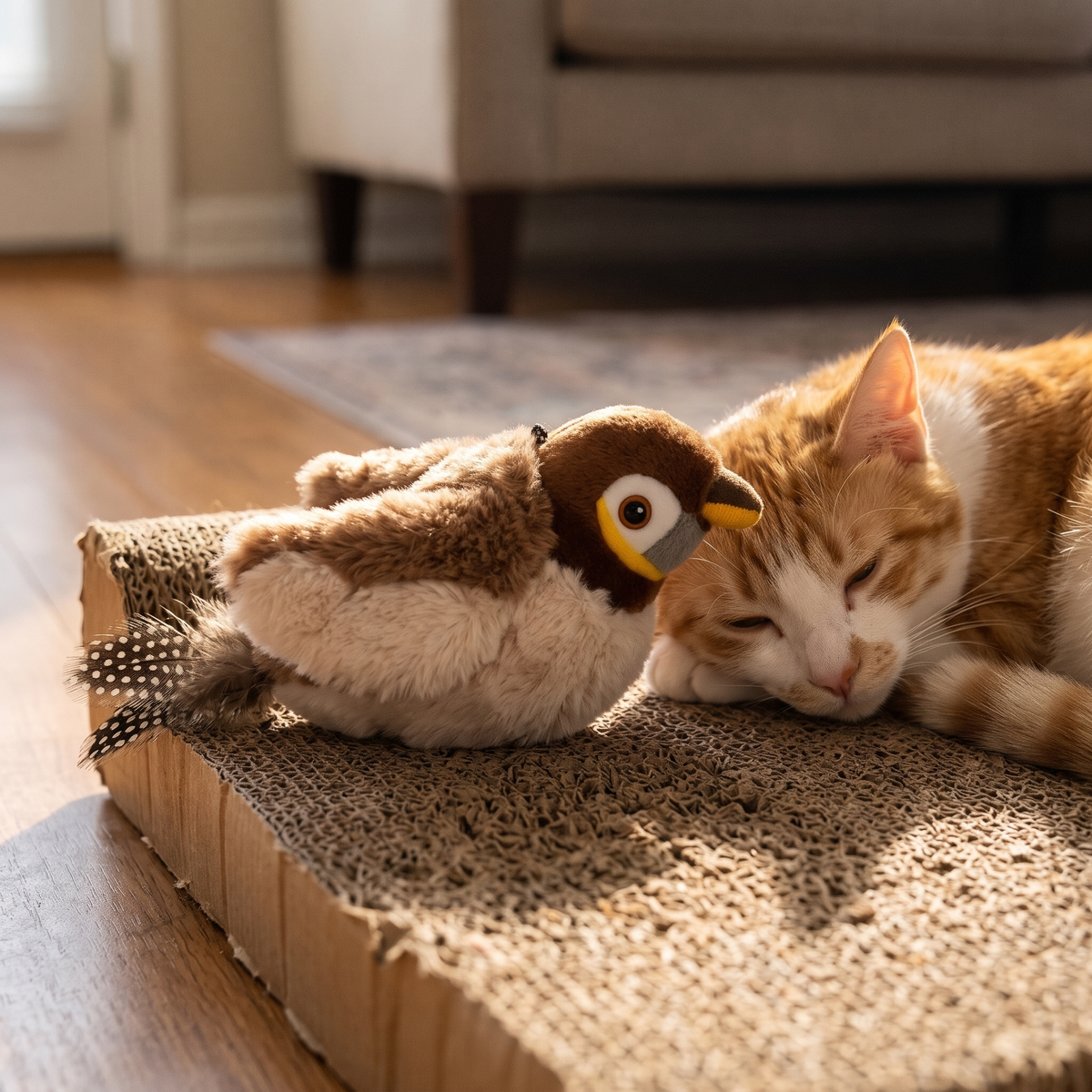 Flutter Interactive Bird Cat Toy beside a sleepy cat