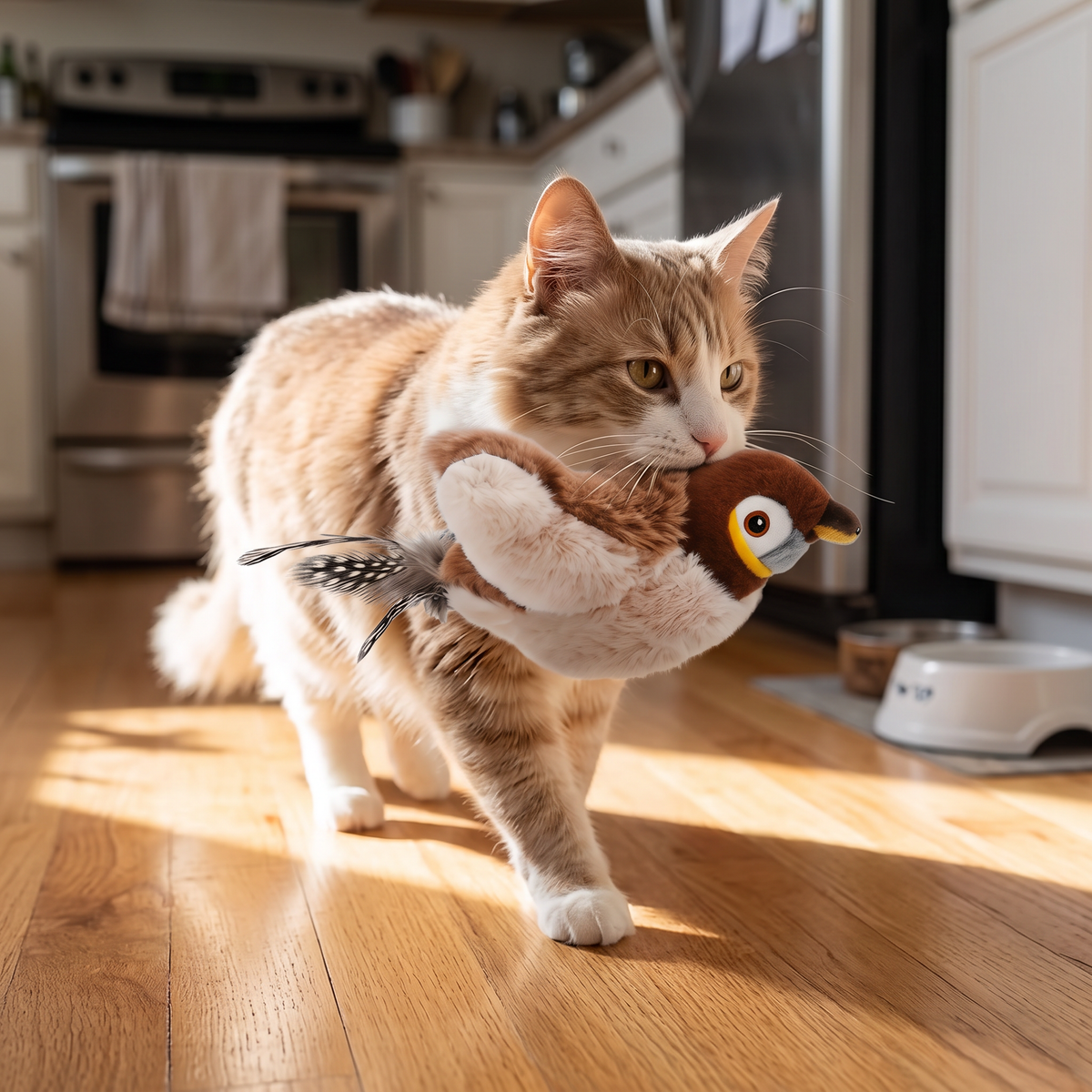 Flutter Interactive Bird Cat Toy held by a cat