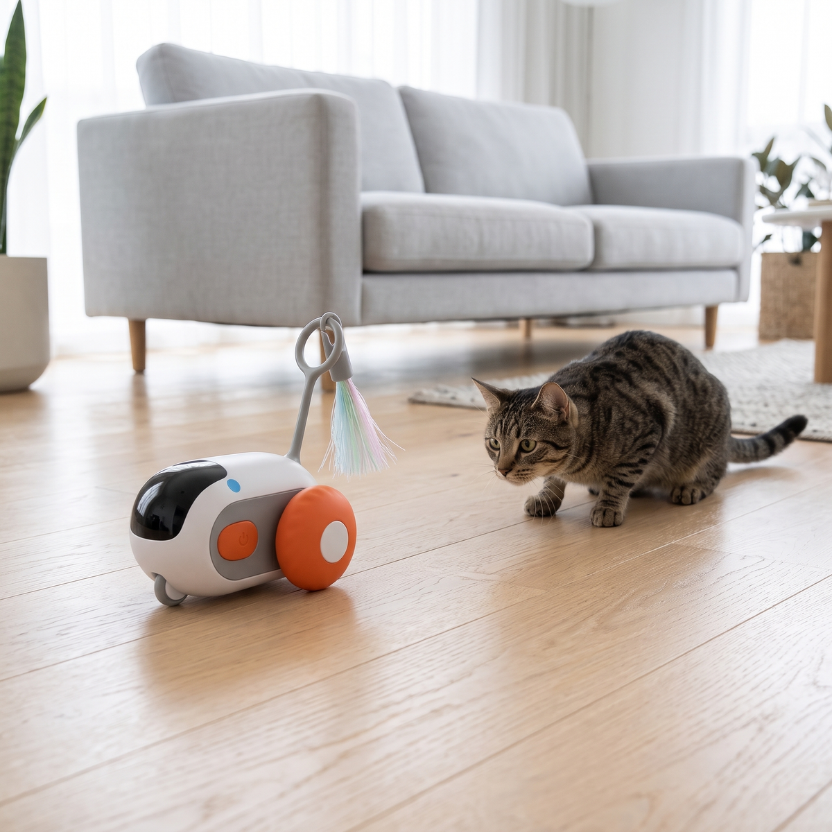 Zoom Self-Rolling Cat Toy Car with a tabby peeking