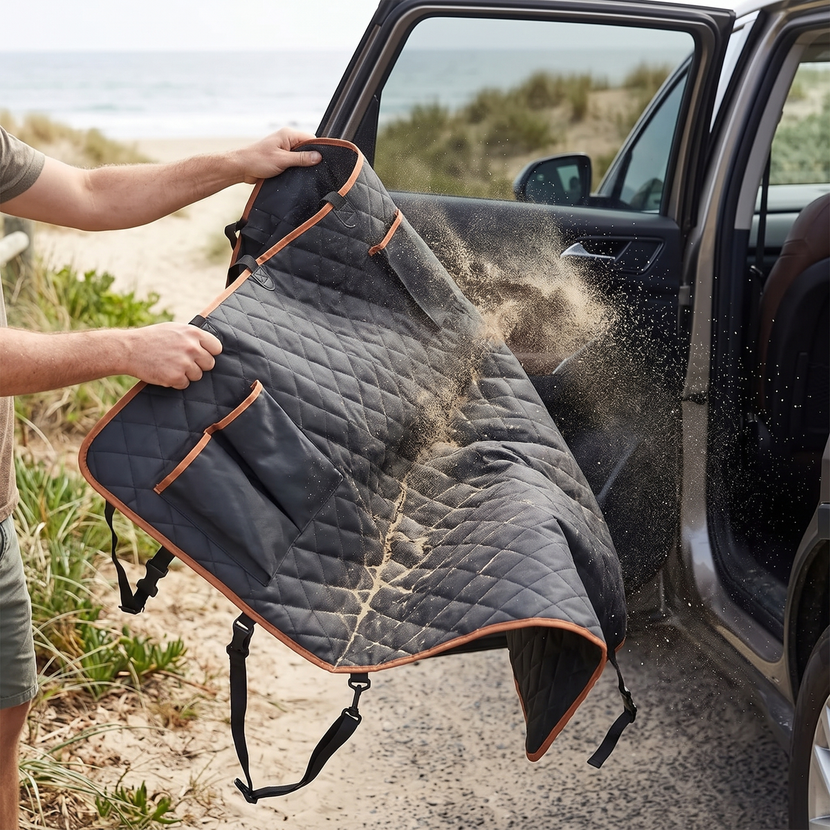 Roadtrip Waterproof Dog Car Hammock being shaken out at the beach