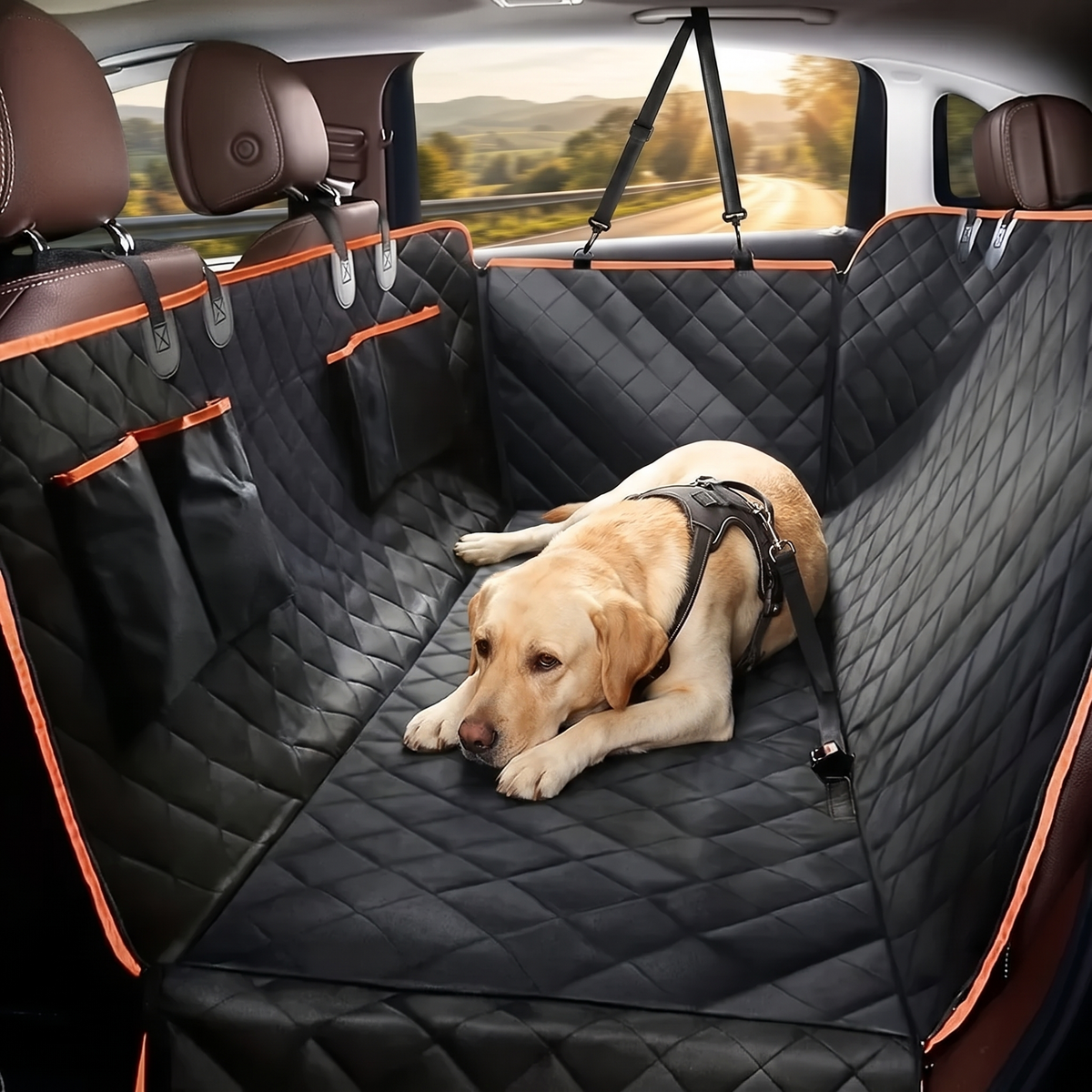 Roadtrip Waterproof Dog Car Hammock with a labrador on a road trip