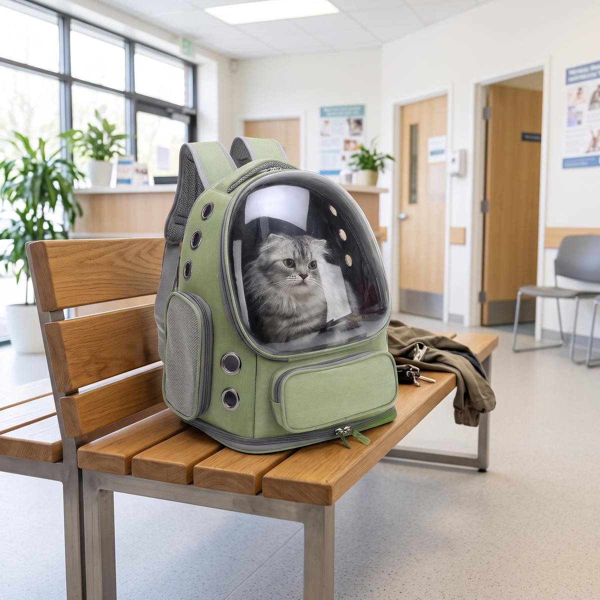 Orbit Bubble Pet Carrier Backpack in a vet waiting room