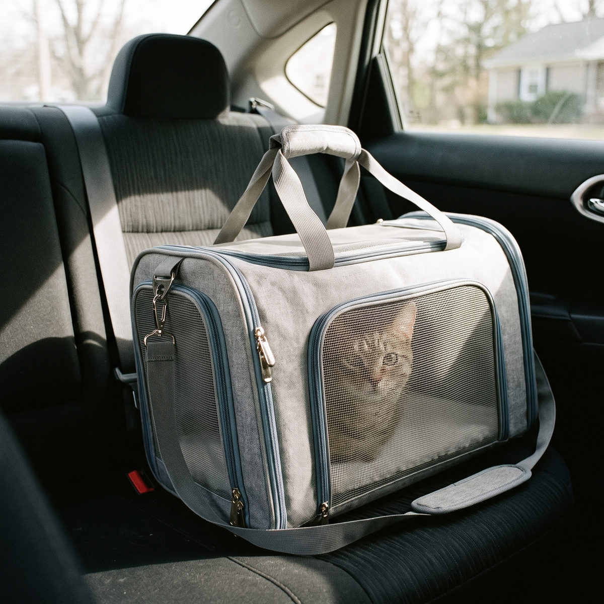 Voyage Collapsible Soft-Sided Pet Carrier with a cat on the back seat