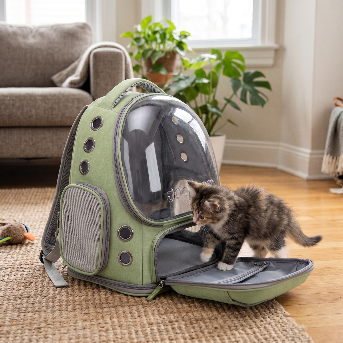 Orbit Bubble Pet Carrier Backpack with a kitten exploring it
