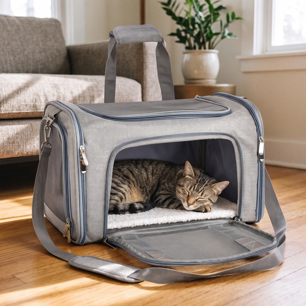 Voyage Collapsible Soft-Sided Pet Carrier with a sleepy cat inside