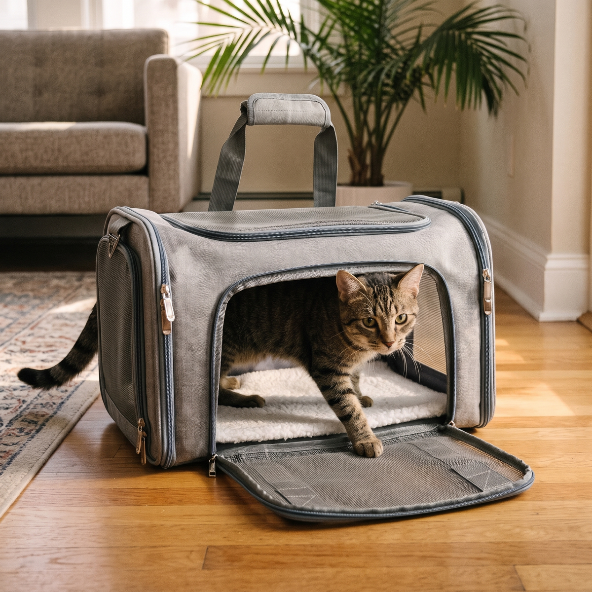 Voyage Collapsible Soft-Sided Pet Carrier with a cat stepping in