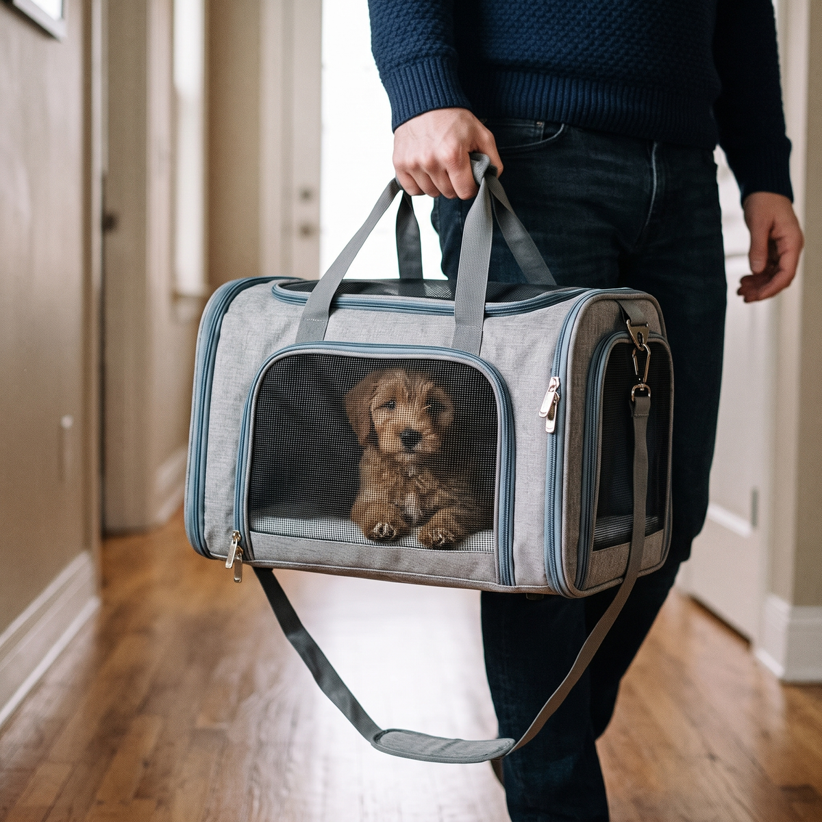 Voyage Collapsible Soft-Sided Pet Carrier with a puppy being carried