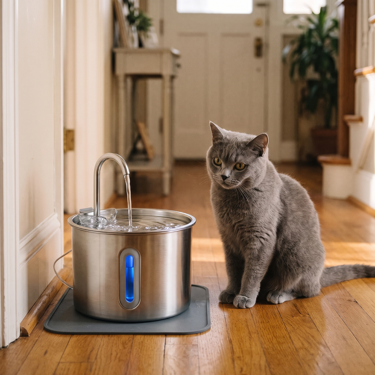 Clearwater Stainless Steel Pet Water Fountain with a grey cat