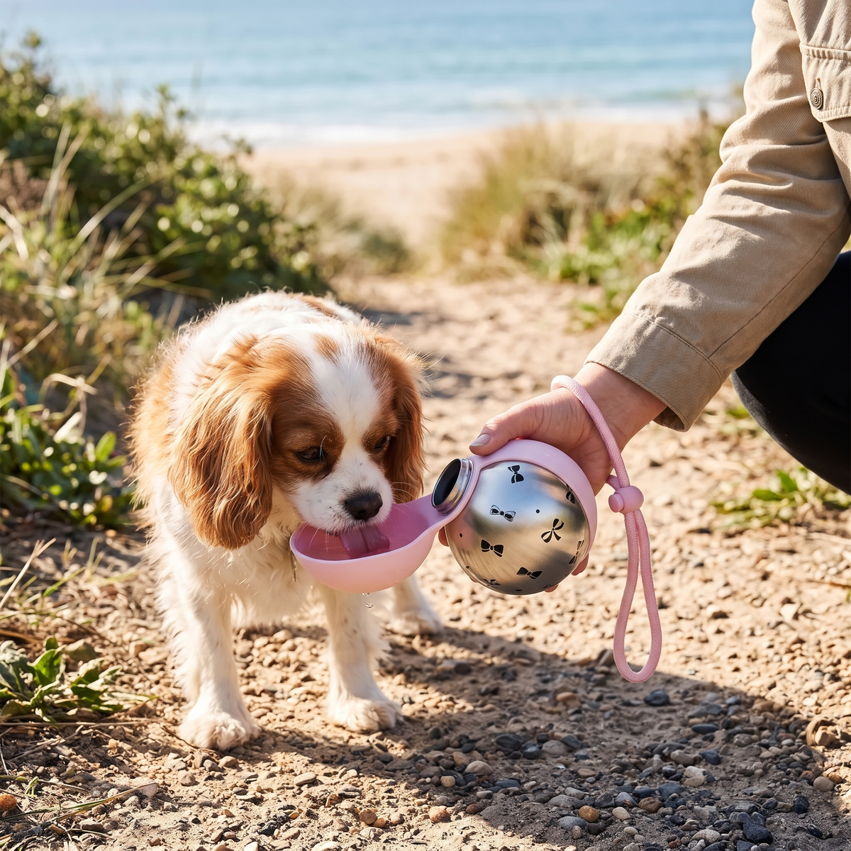 Trail Portable Dog Water Bottle with a small dog on a beach path