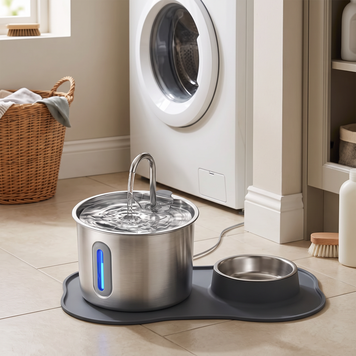Clearwater Stainless Steel Pet Water Fountain on a feeding mat