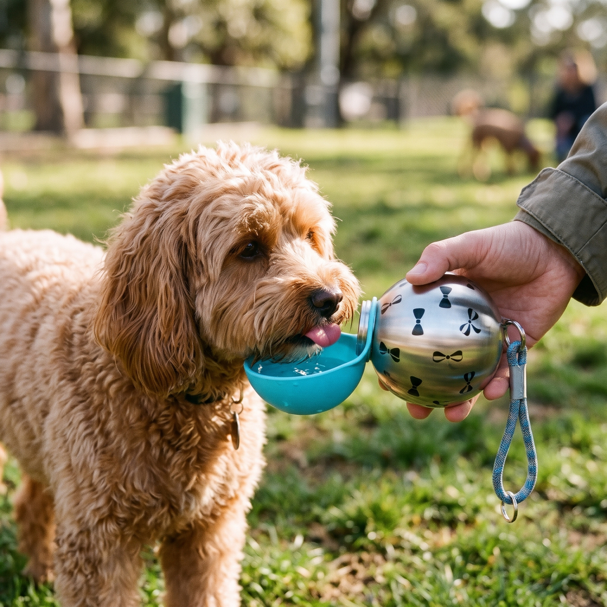 Trail Portable Dog Water Bottle with a cavoodle at the dog park