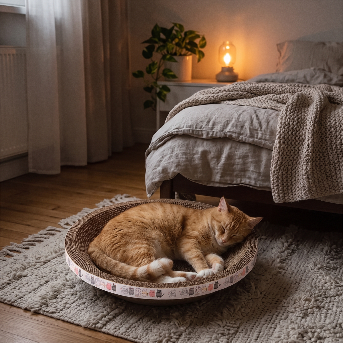 Ripple Oval Cardboard Cat Scratcher Bed with a ginger cat in the evening