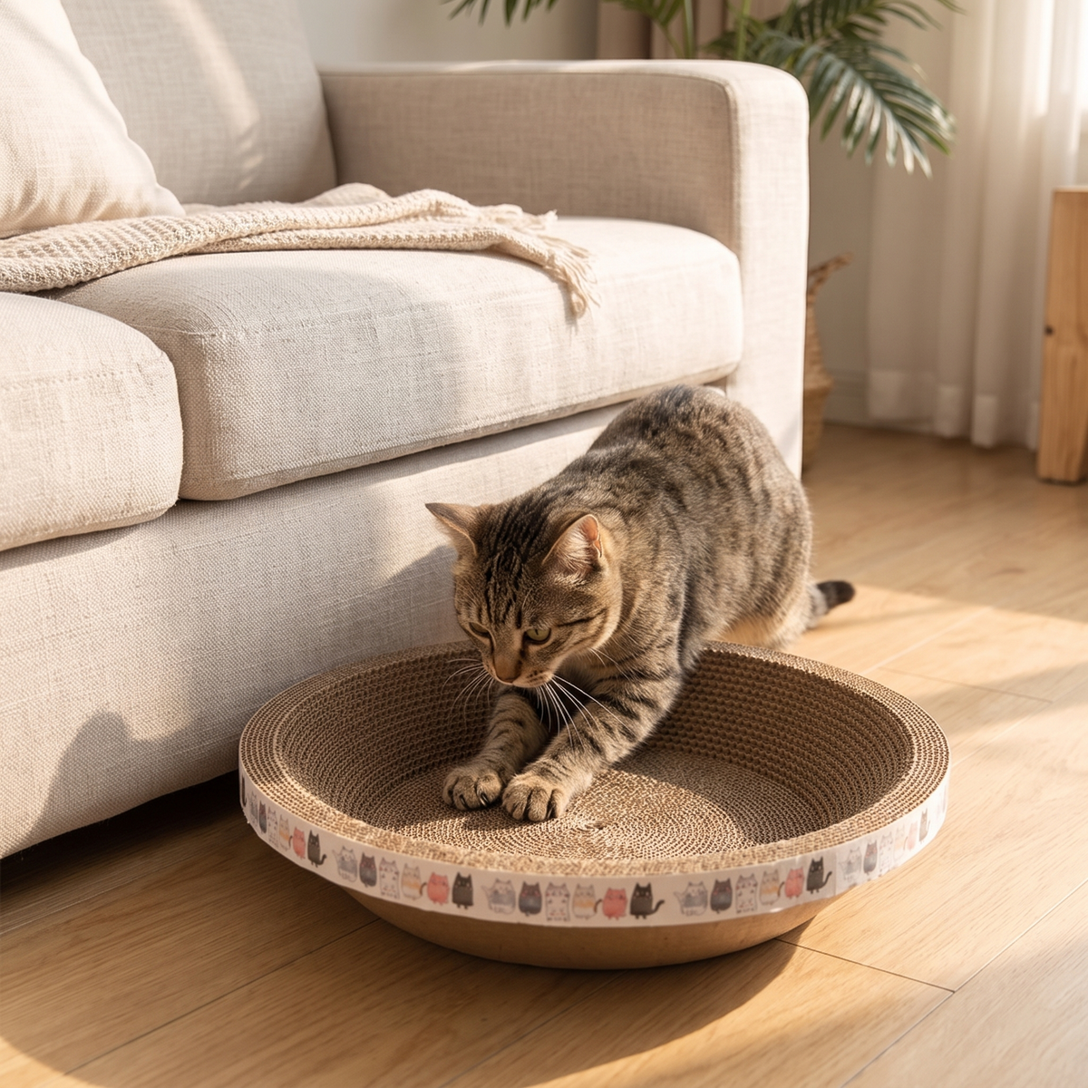 Ripple Oval Cardboard Cat Scratcher Bed with a tabby scratching