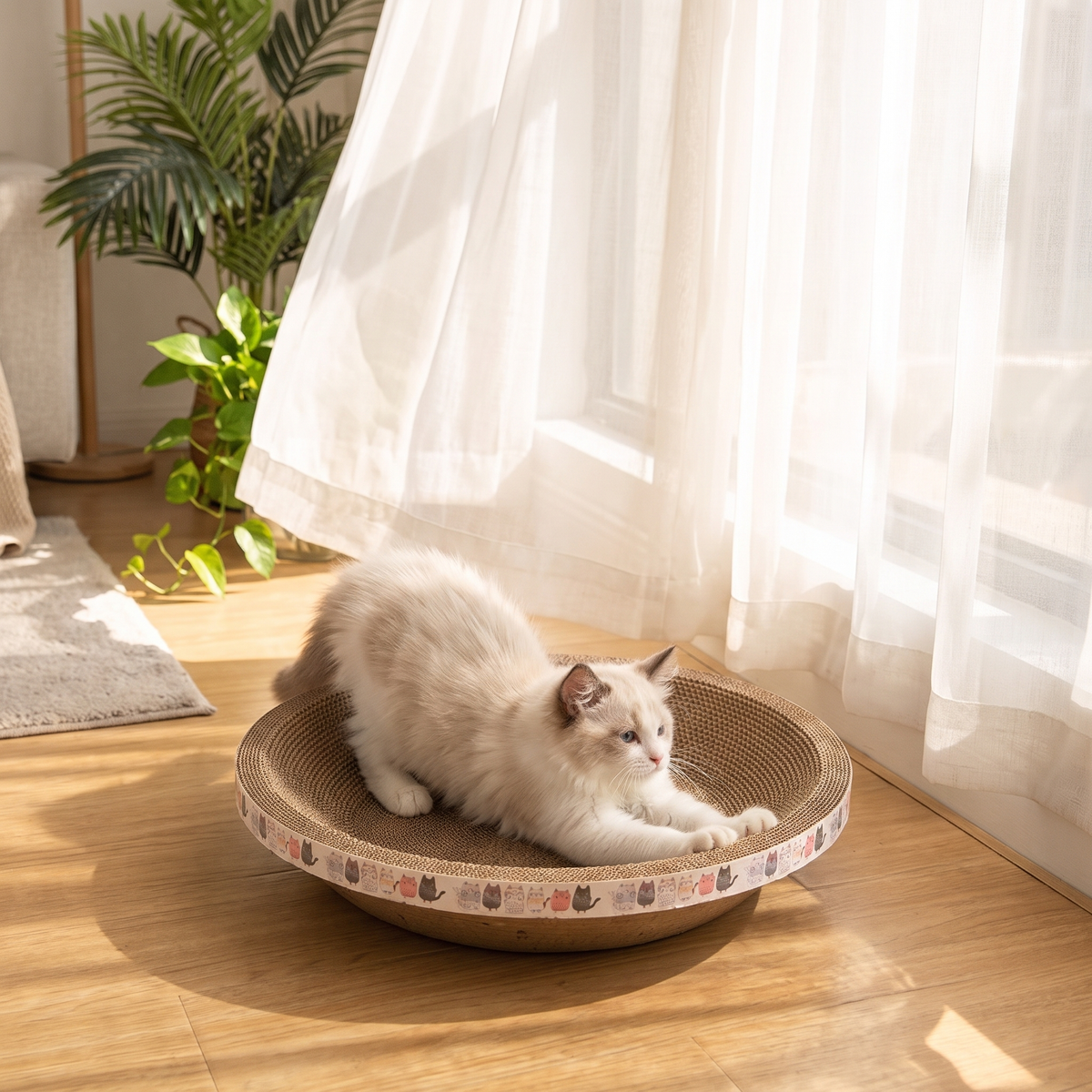 Ripple Oval Cardboard Cat Scratcher Bed with a kitten by the window
