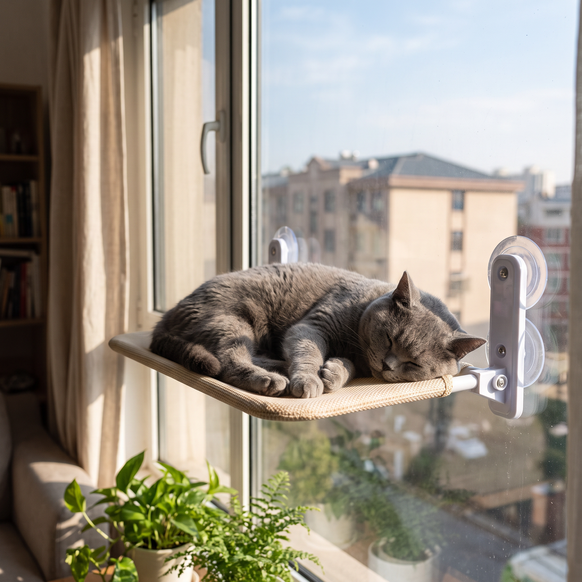 Sunspot Window Cat Hammock with a grey cat asleep