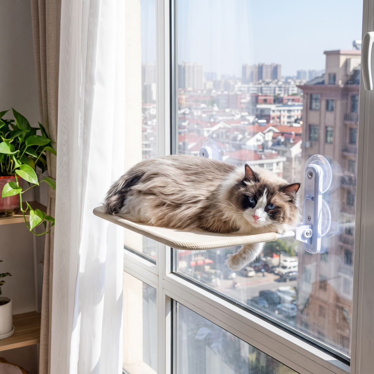 Sunspot Window Cat Hammock with a ragdoll at an apartment window