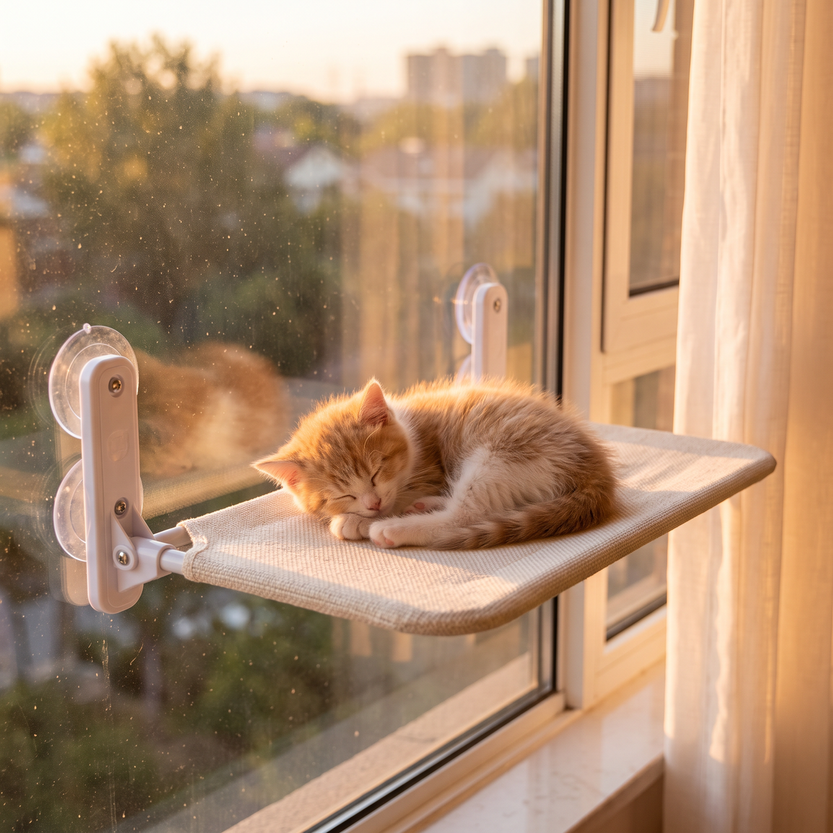 Sunspot Window Cat Hammock with a kitten at golden hour