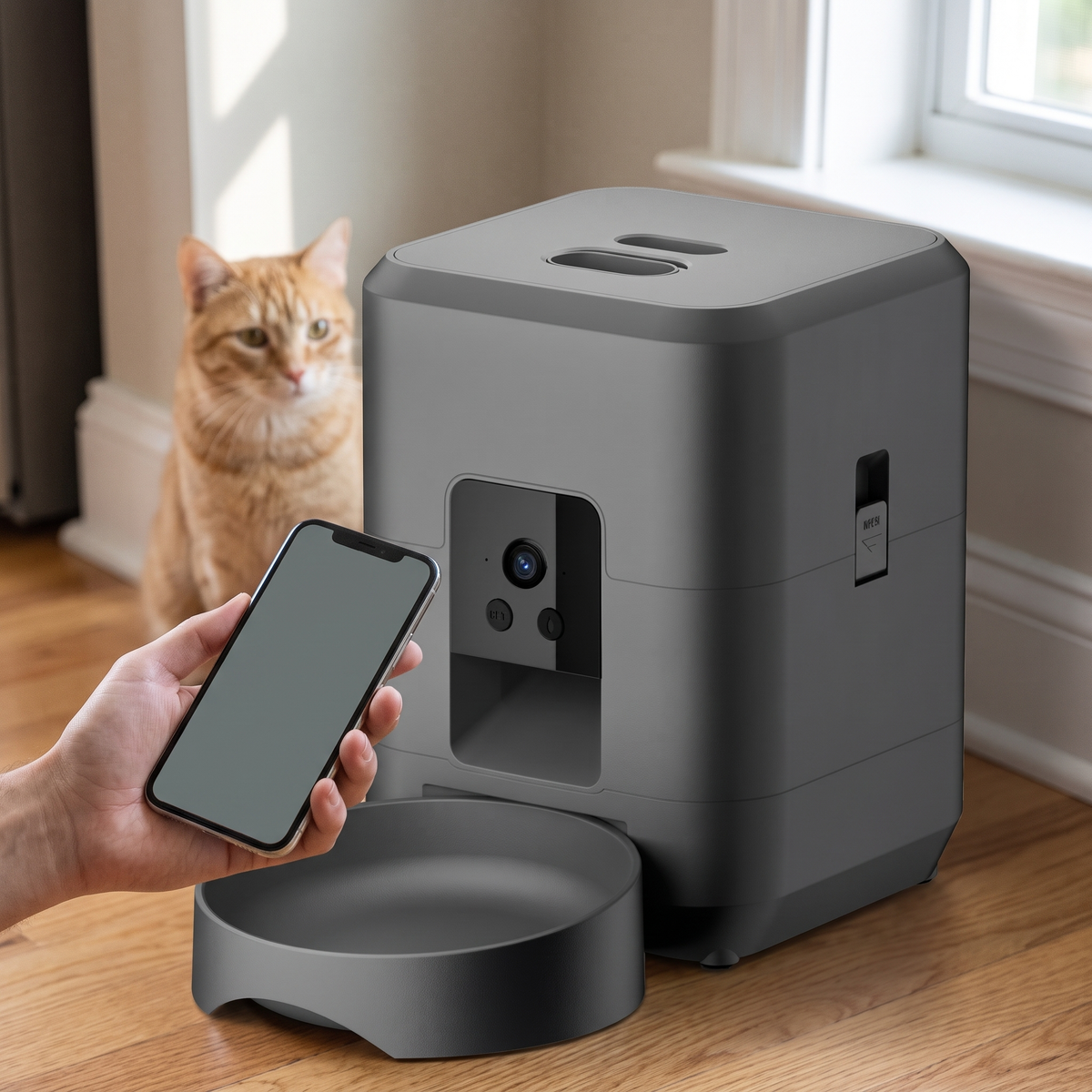 Watchful Automatic Pet Feeder with Camera with a phone and a waiting cat