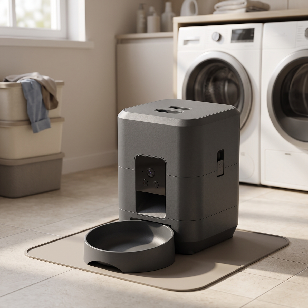Watchful Automatic Pet Feeder with Camera on a feeding mat