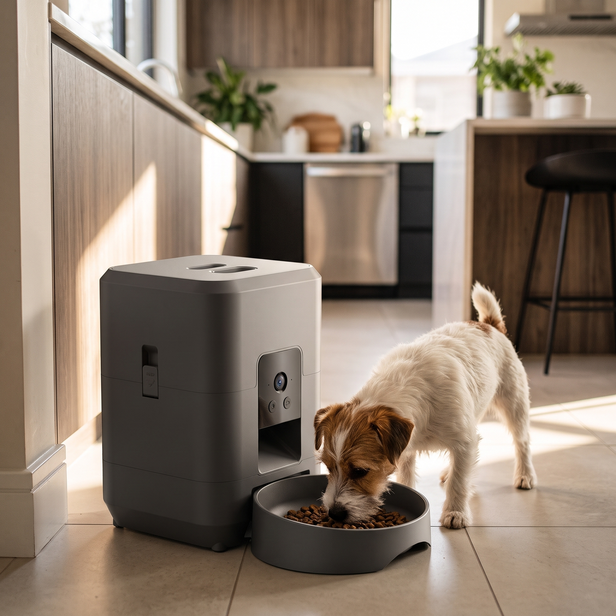 Watchful Automatic Pet Feeder with Camera with a small dog eating