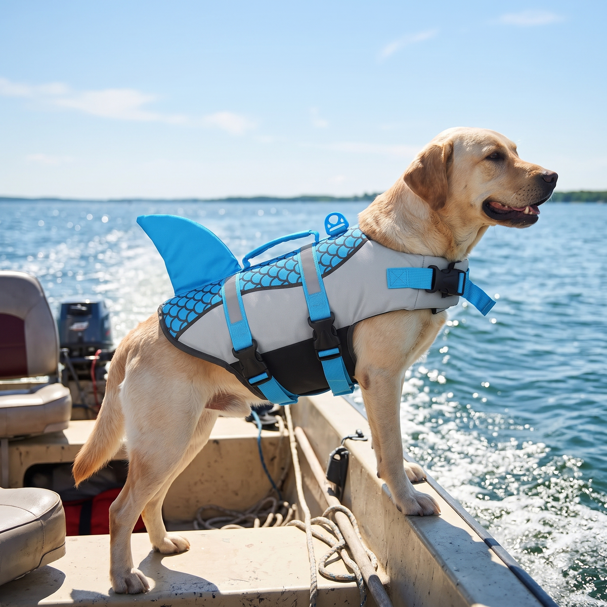 Splash Shark Fin Dog Life Jacket on a labrador on a boat