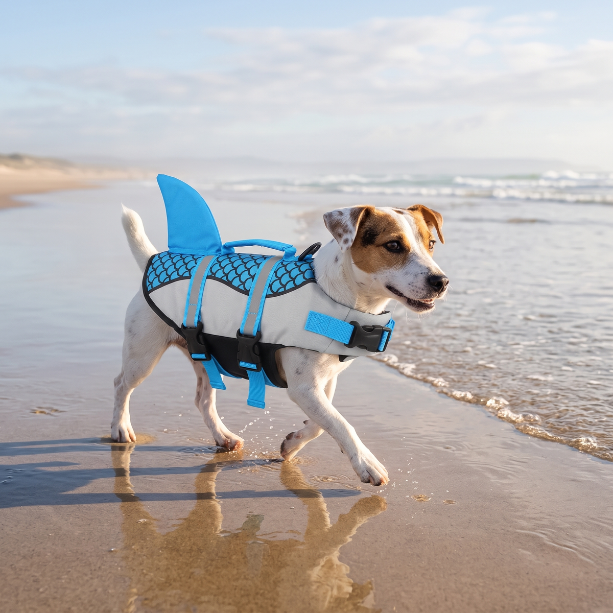 Splash Shark Fin Dog Life Jacket on a jack russell at the beach