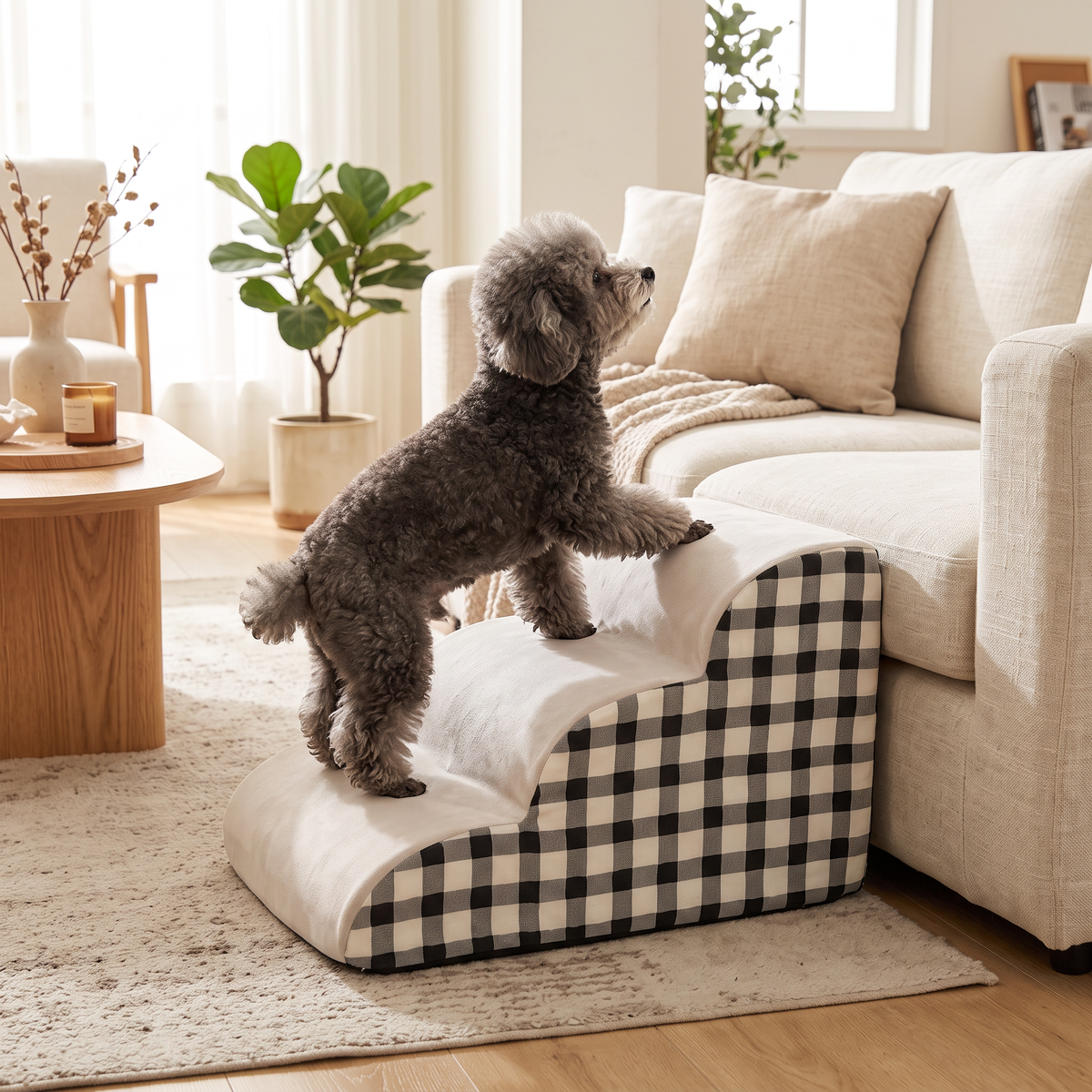 Hop 2-Step Pet Stairs with a poodle climbing to the sofa
