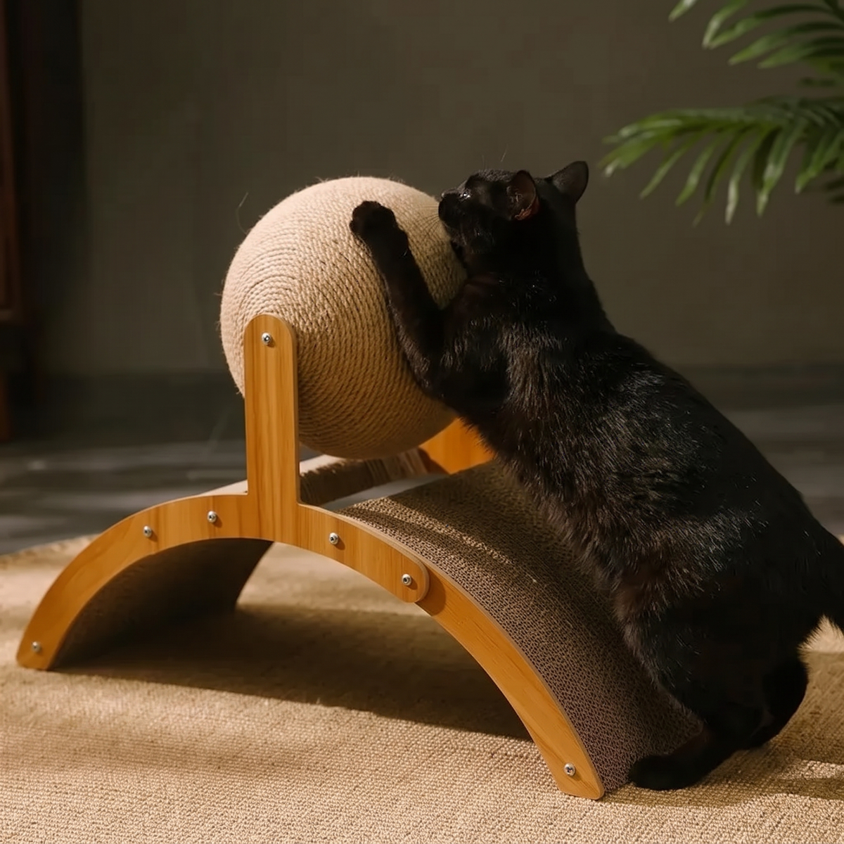 Pivot Sisal Cat Scratching Ball with a black cat stretching