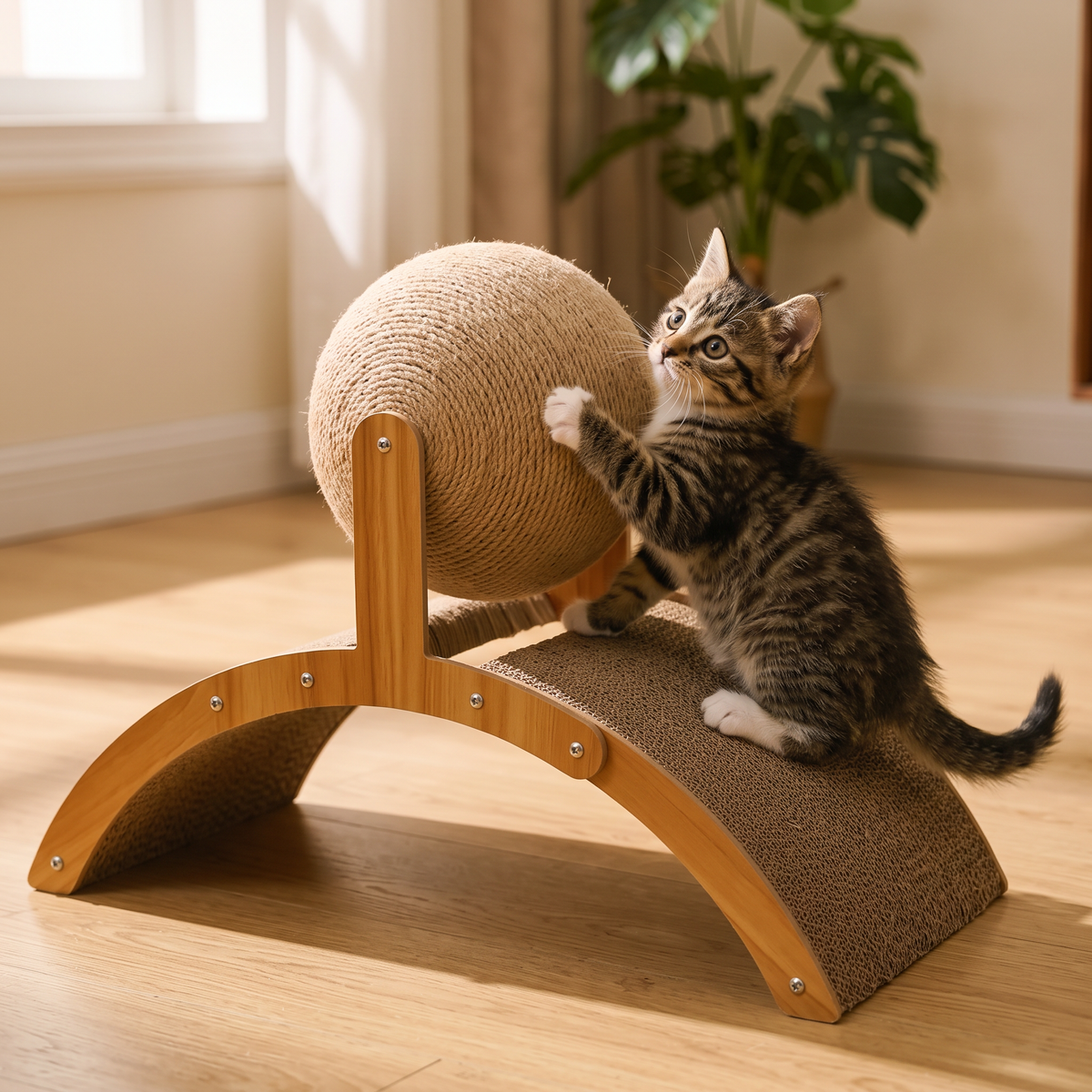 Pivot Sisal Cat Scratching Ball with a kitten playing