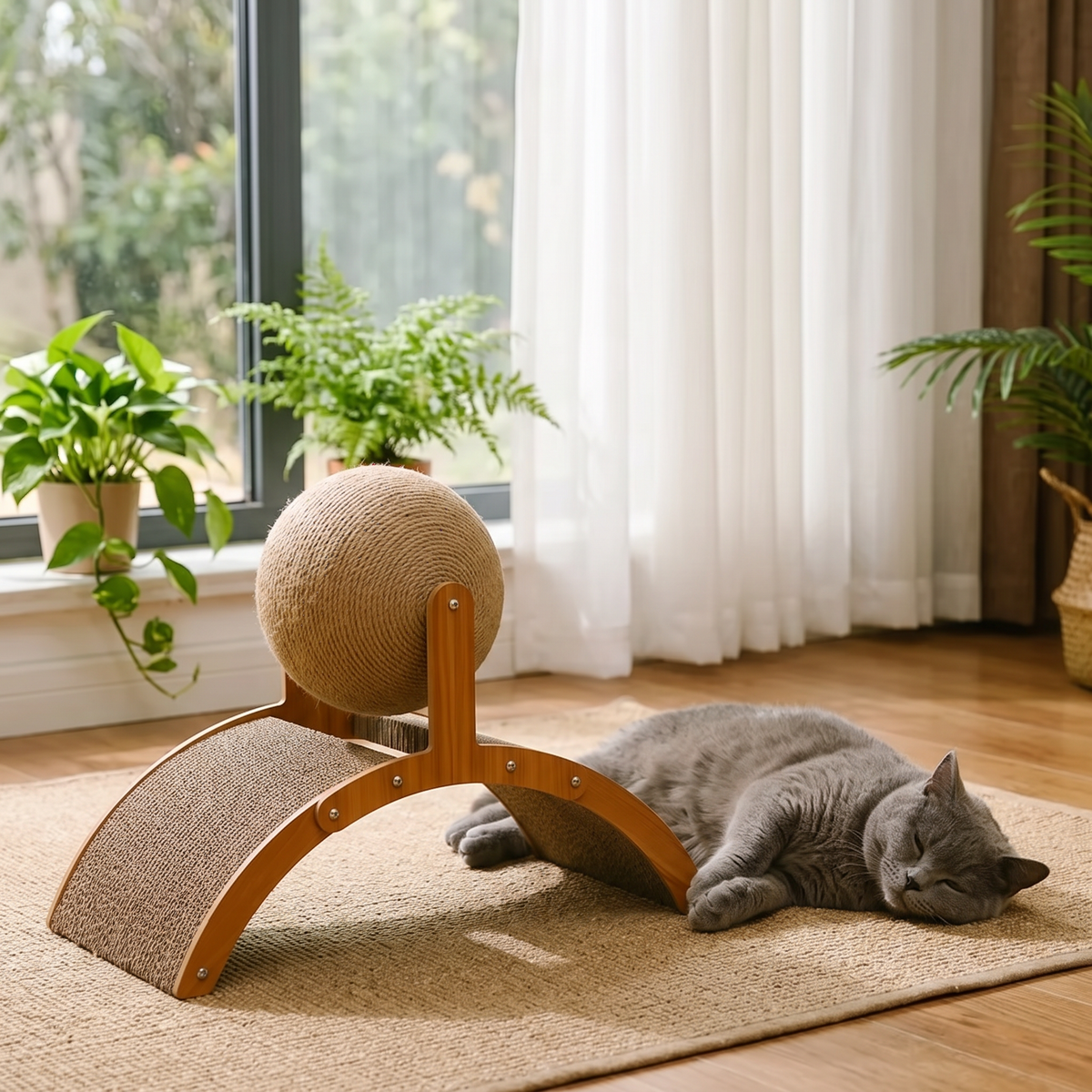 Pivot Sisal Cat Scratching Ball with a grey cat by the window