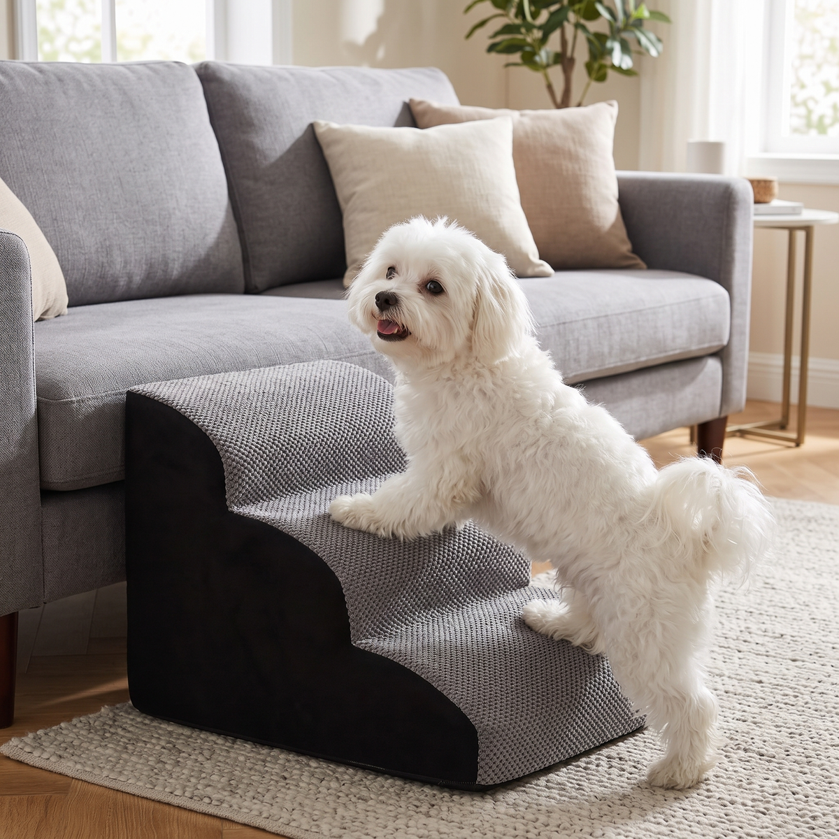 Hop 3-Step Memory Foam Pet Stairs with a maltese climbing to the sofa