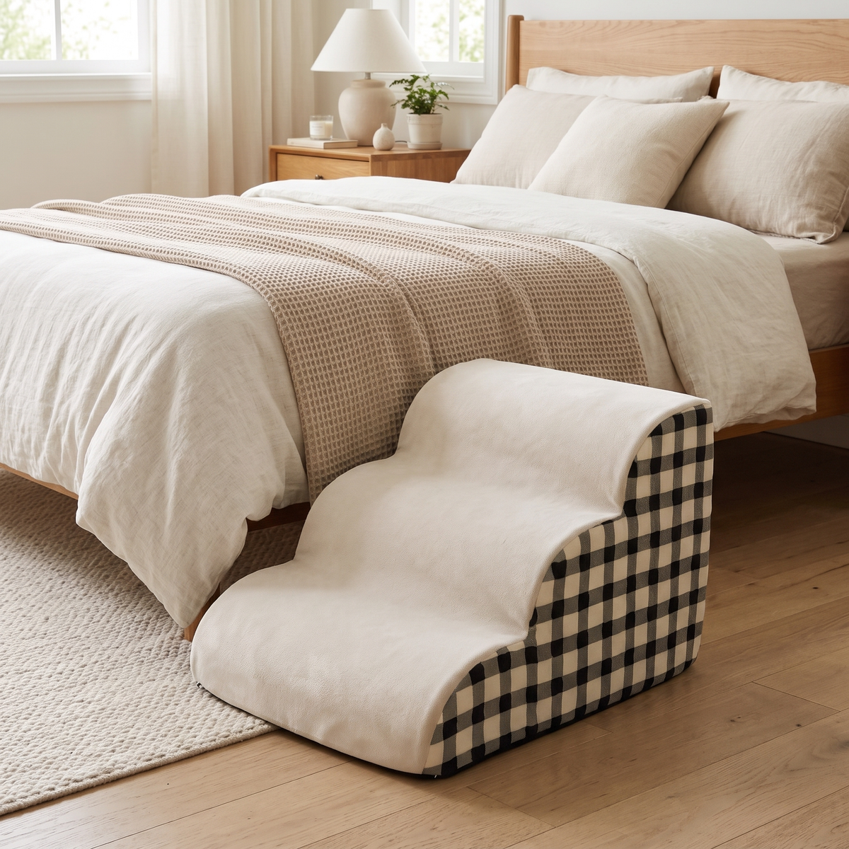 Hop 2-Step Pet Stairs beside a bed