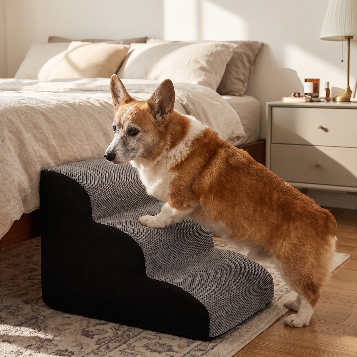 Hop 3-Step Memory Foam Pet Stairs with a corgi beside the bed