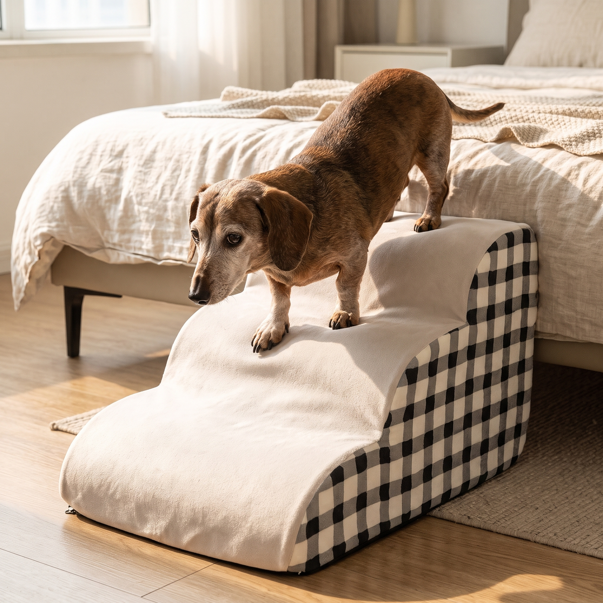 Hop 2-Step Pet Stairs with a dachshund beside the bed